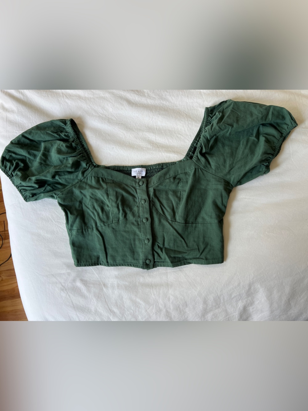 Le Lis - Forest Green Bubble Sleeve covered button fitte top
